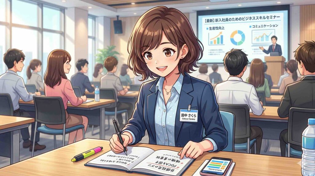 SHIFT AI無料セミナーで得られた情報をまとめる女性