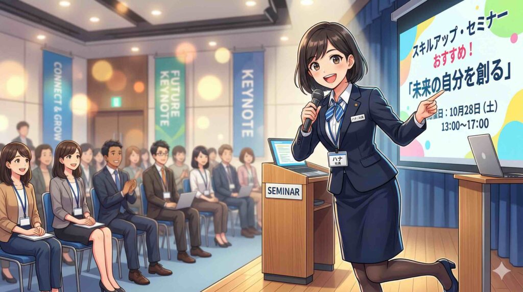 SHIFT AI無料セミナーがおすすめな人とそうでない人を説明する女性
