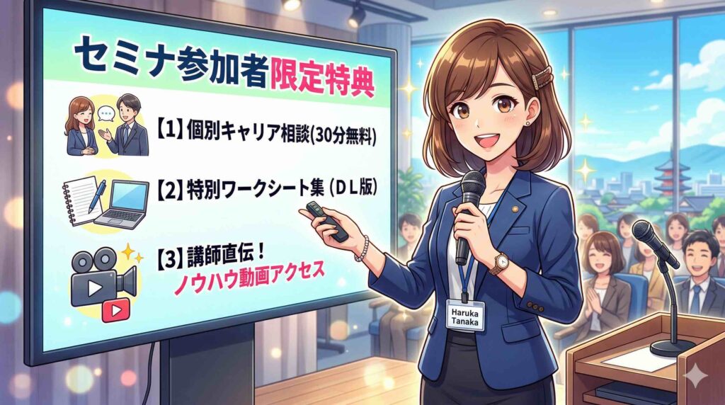SHIFT AI無料セミナーによる特典内容を解説する女性