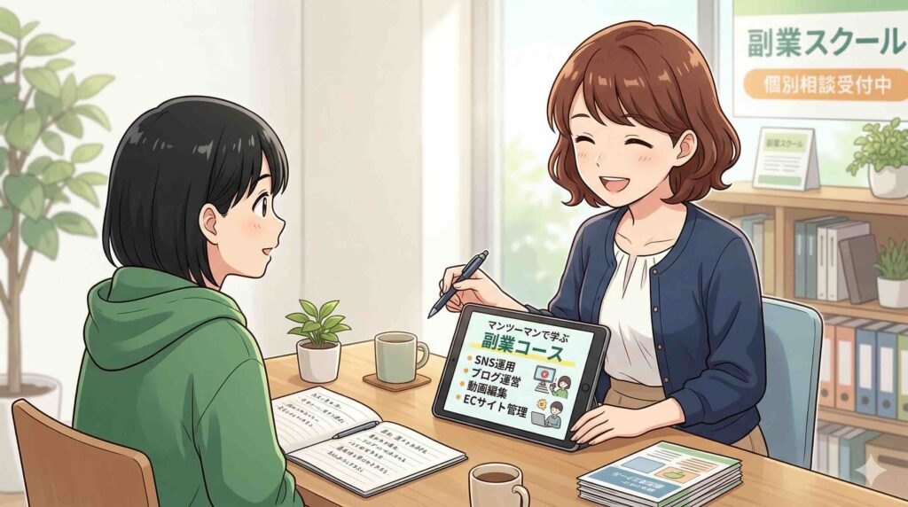 SHIFT AIの副業コースで学べることを説明する女性