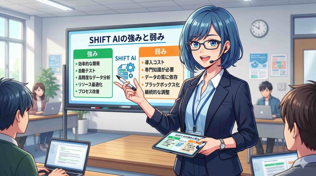 SHIFT AIの強みや弱みを説明する女性