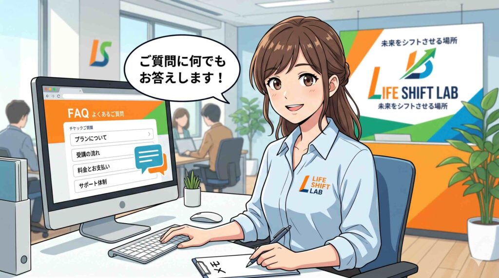 ライフシフトラボ無料説明会に関するFAQに答える女性