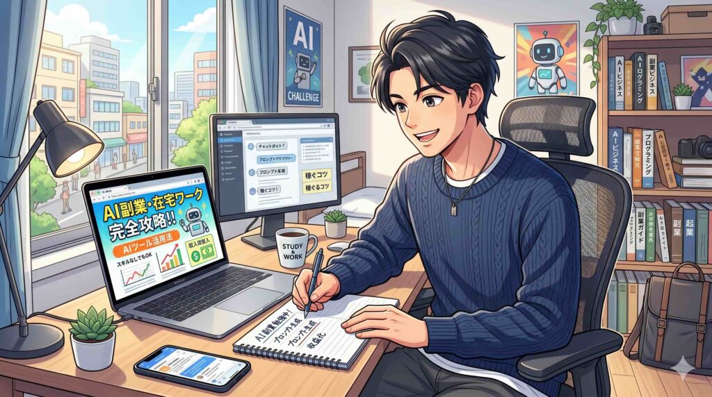 AI副業コースでは何ができるのか調べる男性