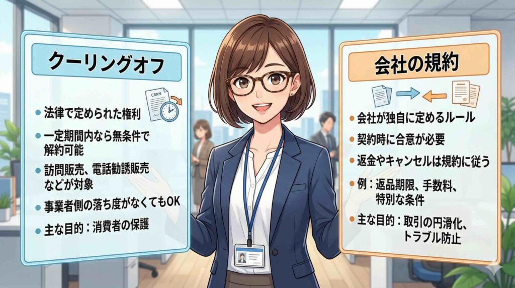 クーリングオフと8日以内の無条件解約を説明する女性