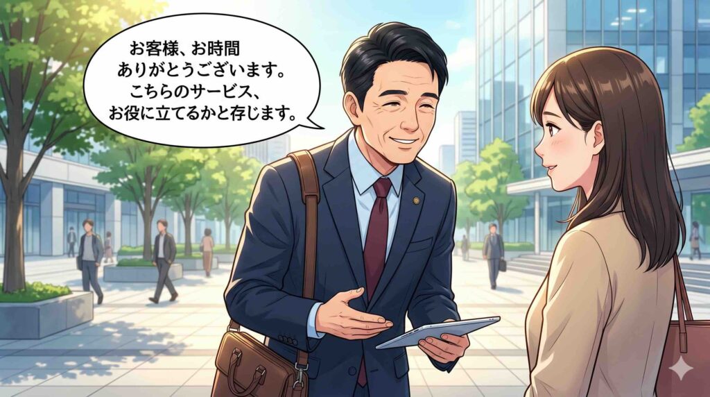 ライフシフトラボ無料説明会後の勧誘するビジネスマン