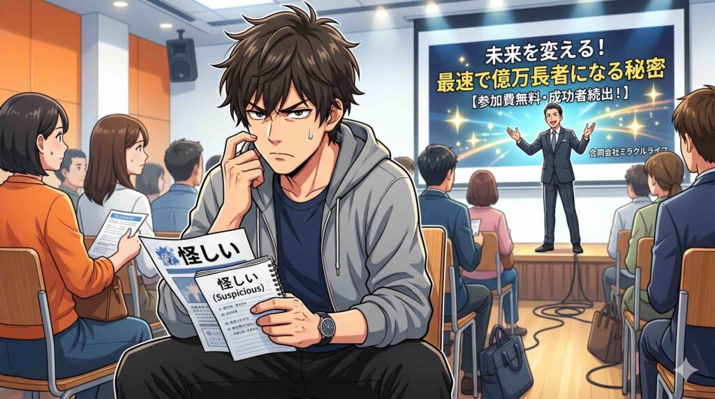 ライフシフトラボ無料説明会は怪しがる男性