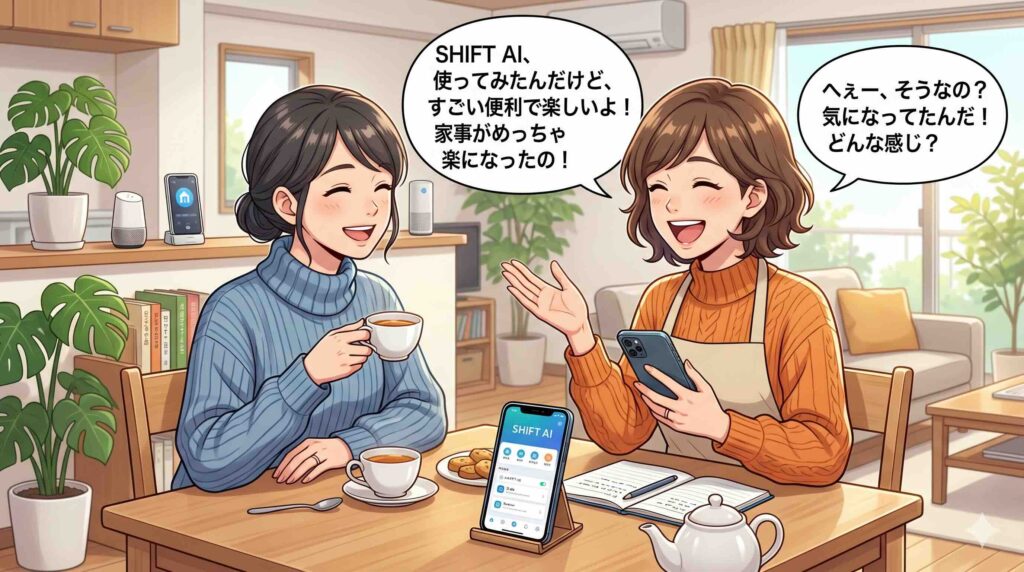 SHIFT AIの感想を友人に話す主婦
