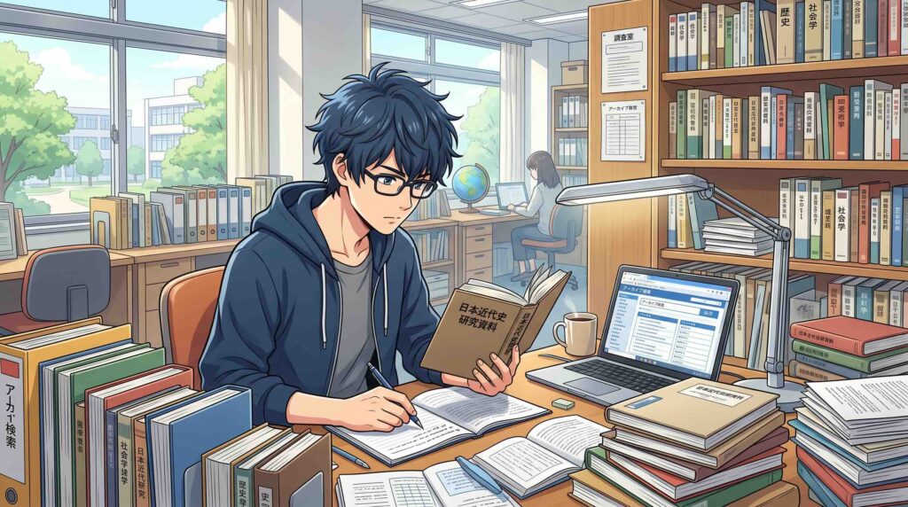 調査室で調べ物をする男性