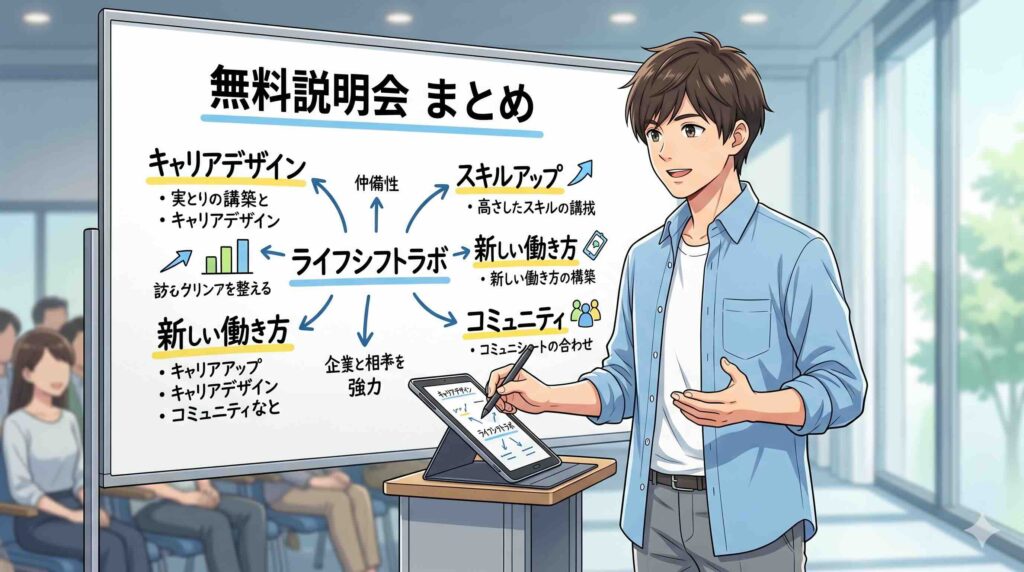 ライフトシフトラボの無料説明会の話をまとめる男性