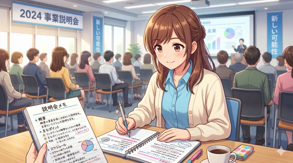 ライフシフトラボ無料説明会で得られた情報をまとめる女性