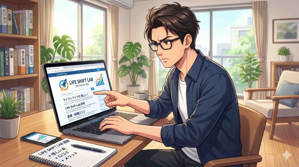 ライフトシフトラボが怪しいのか調べる男性