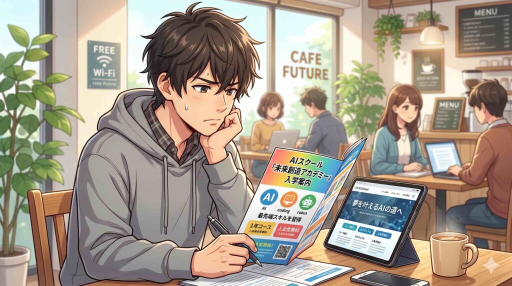 AIを学ぶのにSHIFT AIを活用すべきか悩む男性