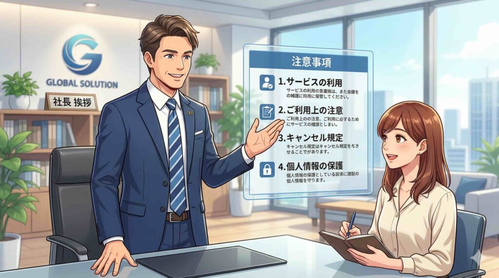 SHIFT AIの入会・退会における注意事項を説明する男性