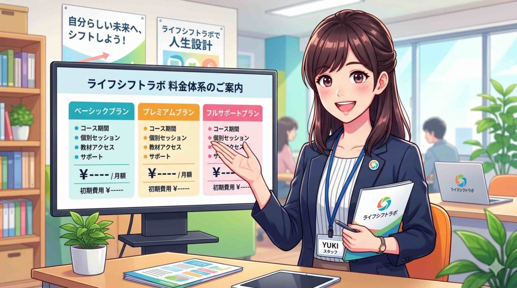 ライフシフトラボの料金を説明する女性