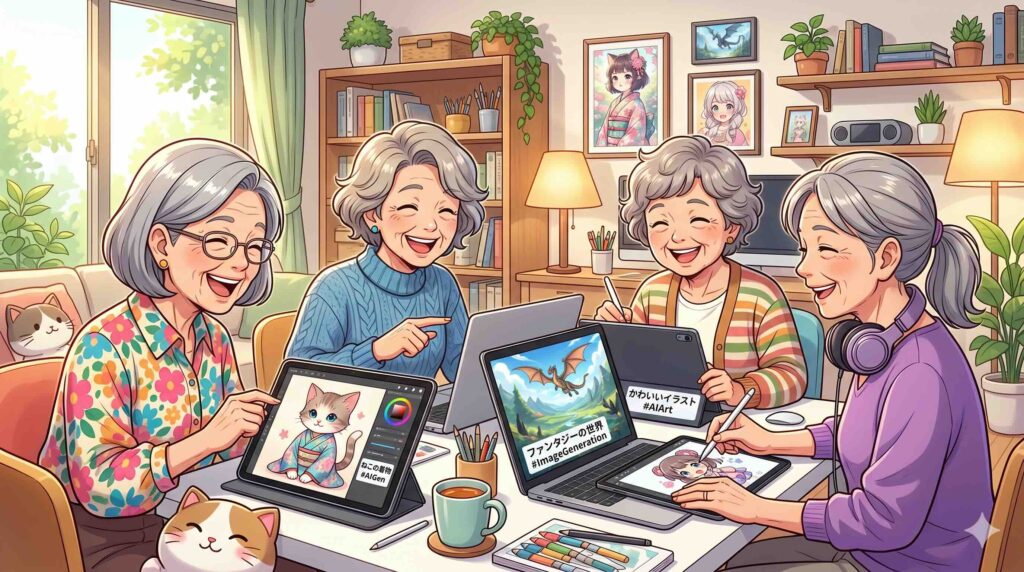 ChatGPTの画像生成が学べるおすすめコースを楽しむ女性たち