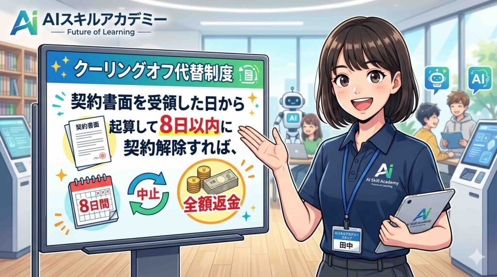 AIスキルアカデミーのクーリングオフ代替制度について説明する女性