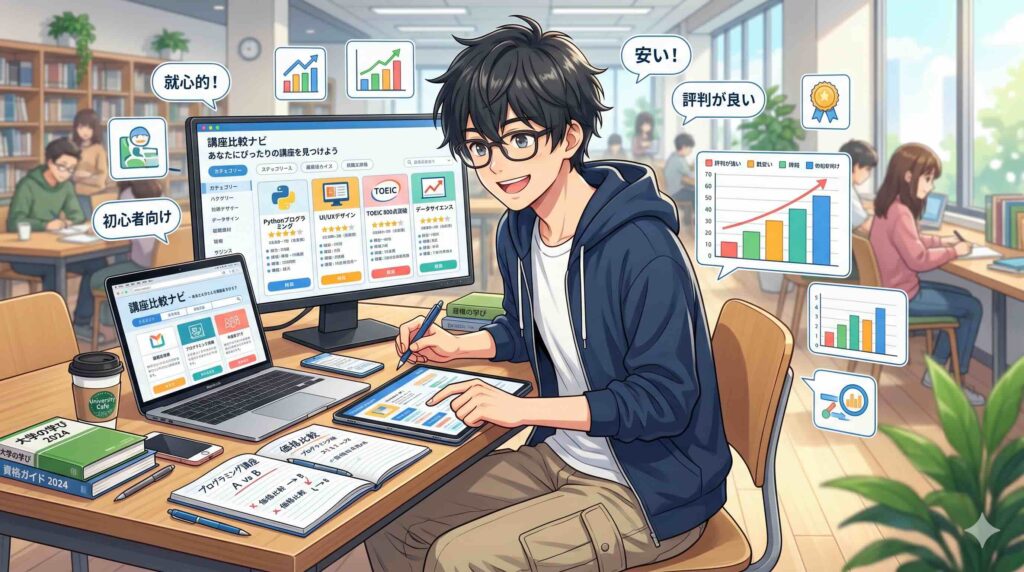 UdemyのおすすめChatGPTコース比較表をみる男性