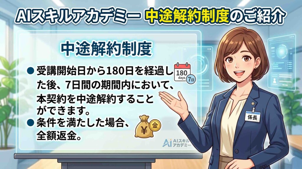 AIスキルアカデミーの中途解約制度を説明する女性