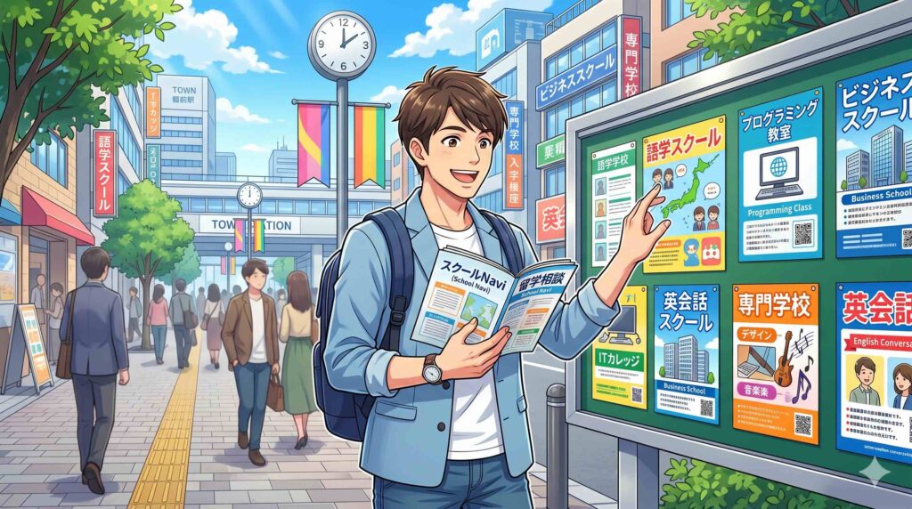 デジハクと他のAIスクールの特徴を比較している男性