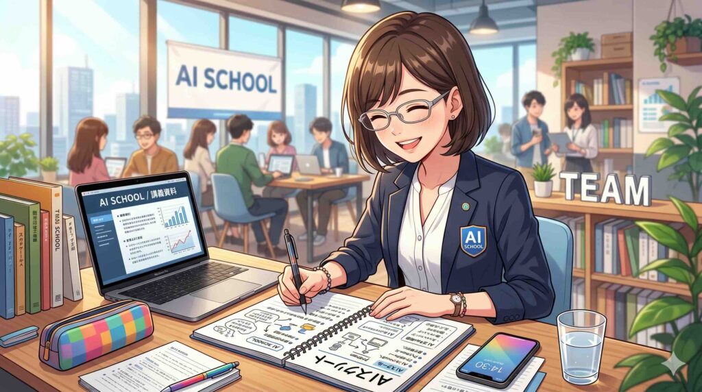 AIスキルアカデミーについてまとめる女性