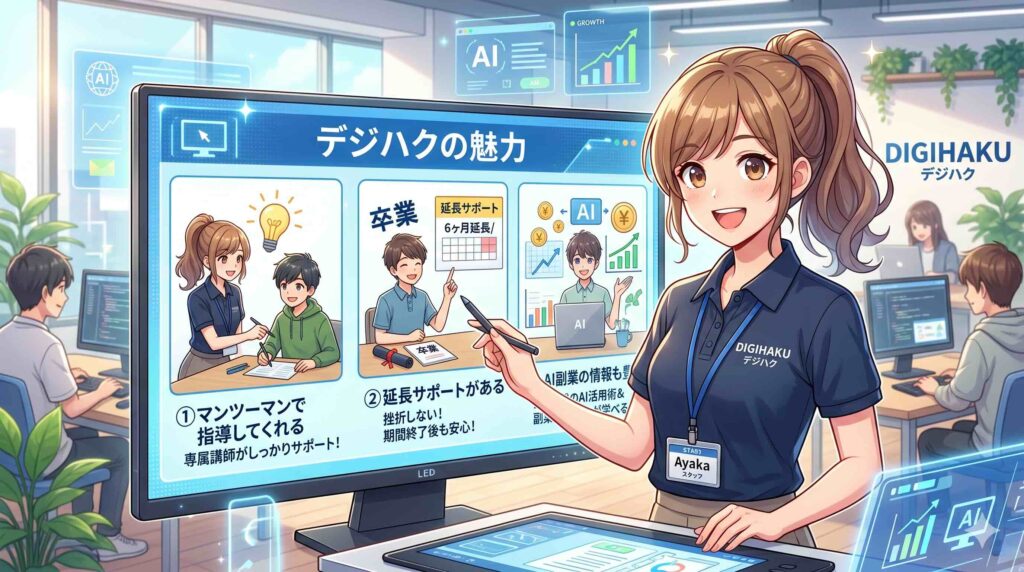 デジハク生成AIスクールの魅力と欠点を紹介する女性