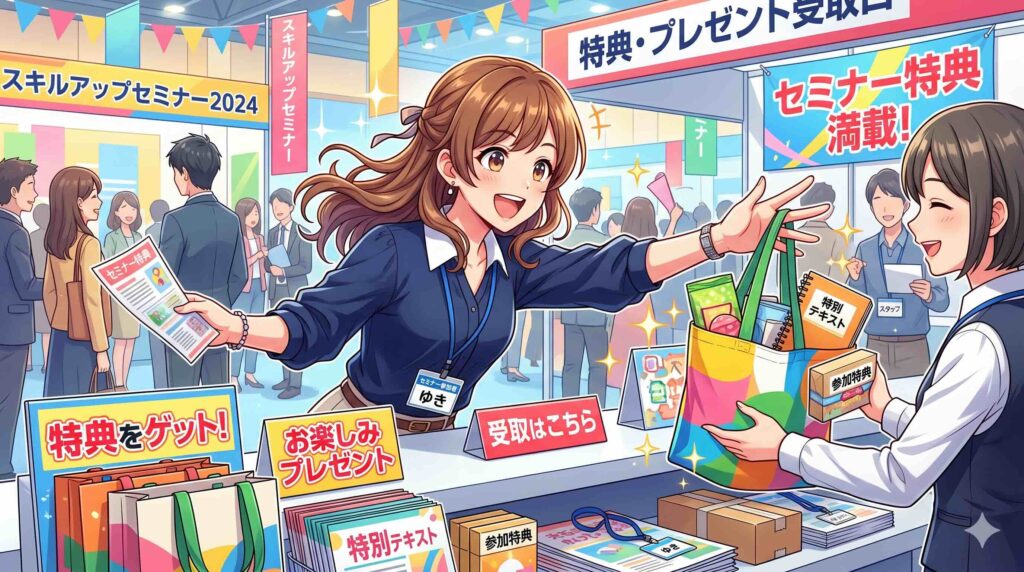 AIスキルアカデミー無料セミナーによる特典をもらう女性