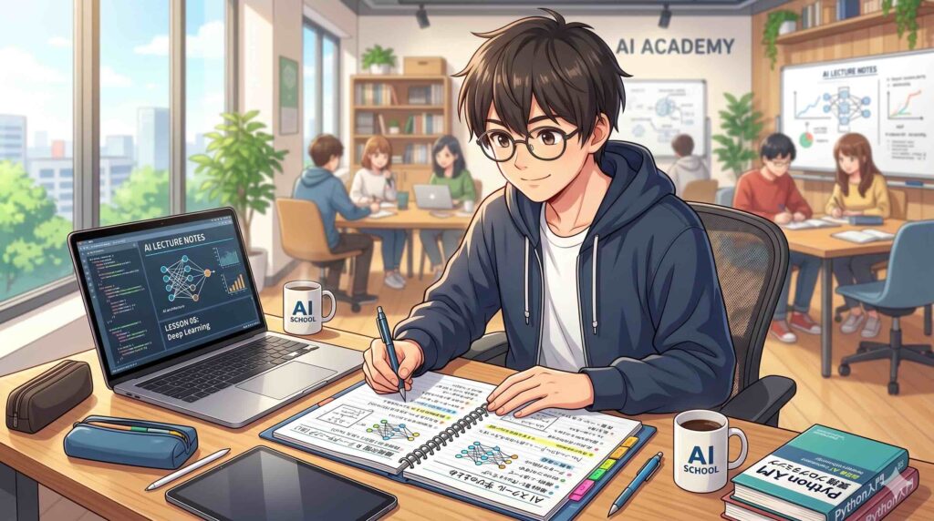 デジハク生成AIスクールの延長サポートについてまとめる男性