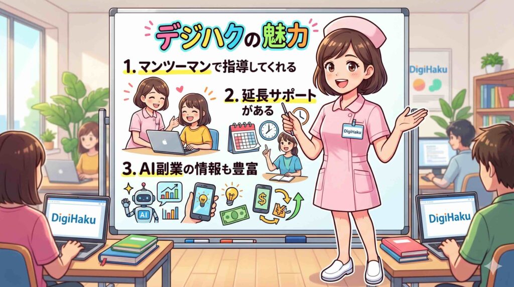 デジハク生成AIの魅力と気になる部分を紹介する女性