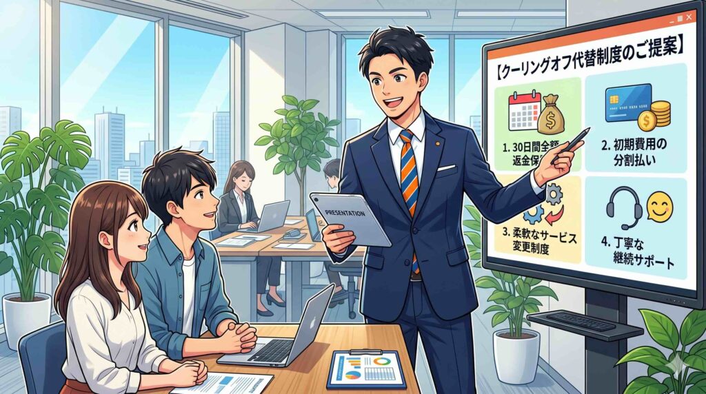 クーリングオフと8日以内の無条件解約を説明する男性