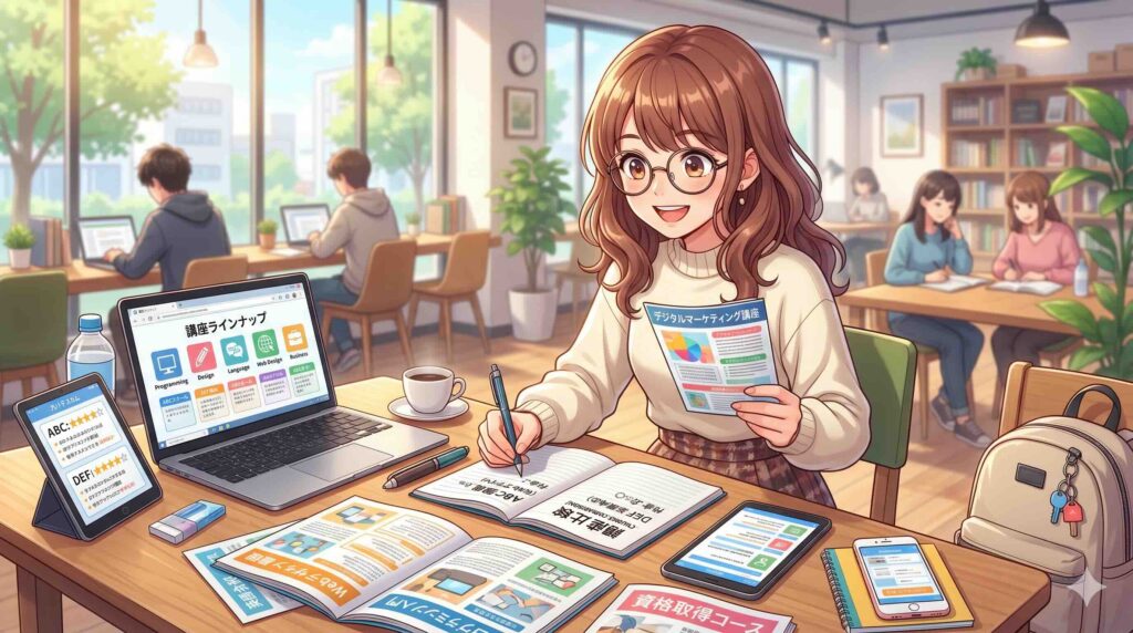 Udemy生成AIパスポート対策講座を比較している女性