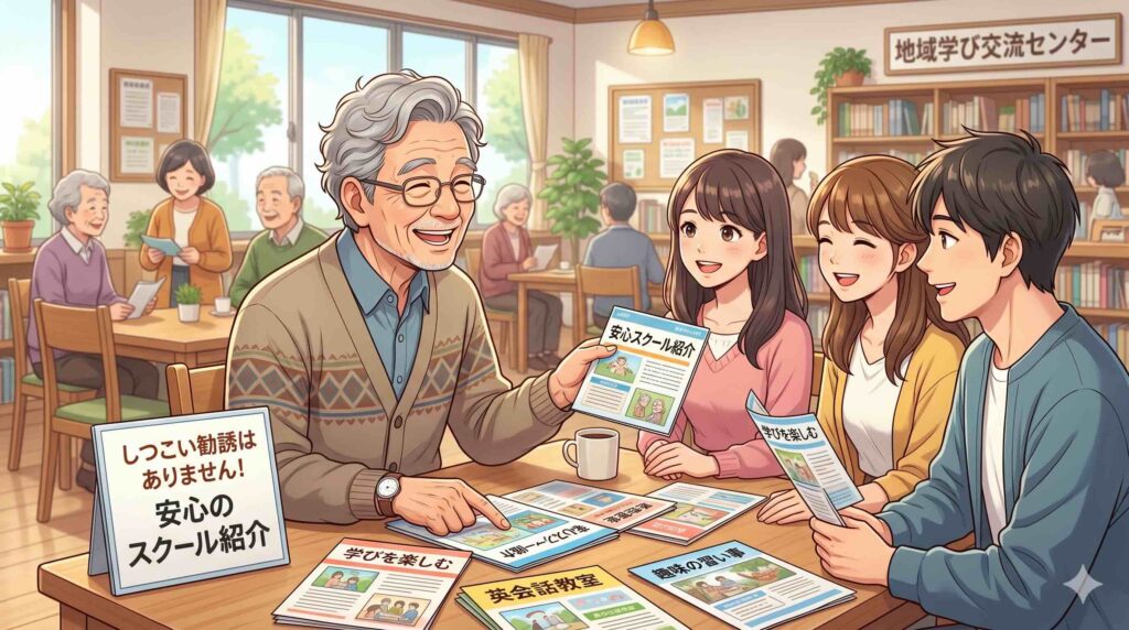 勧誘がしつこくないスクールはどこか紹介する老人