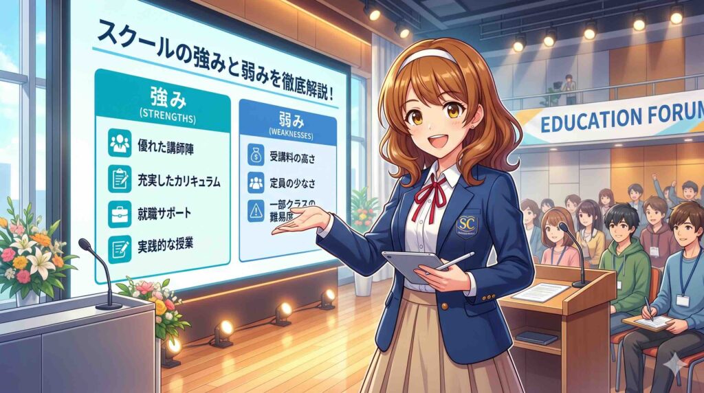 デジハク生成AIスクールの強みと弱みを説明する女性