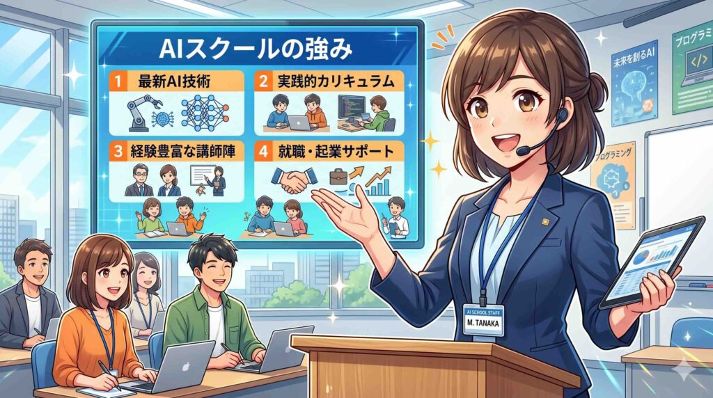 AIスキルアカデミーの強みと弱みを語る女性