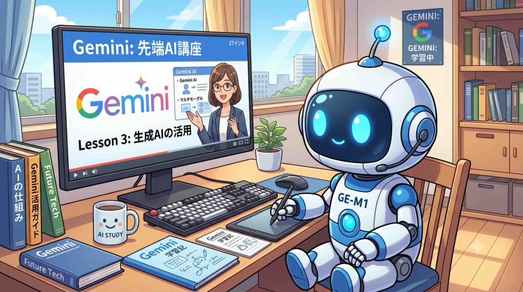 Udemyのコースを視聴する方法を実践するロボット