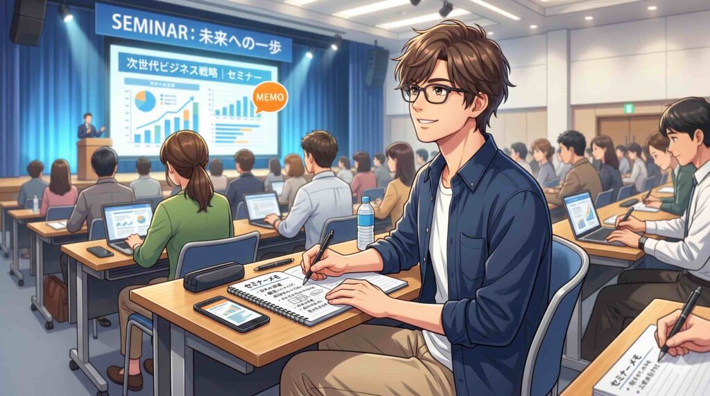 AIスキルアカデミー無料セミナーの内容をメモする男性