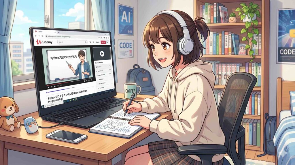 Udemyのコースを視聴する方法を実践する女性