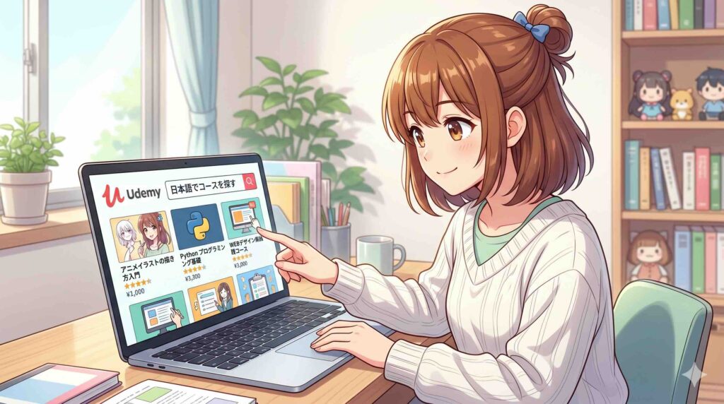 UdemyのおすすめChatGPTコースを9つ比較している女性