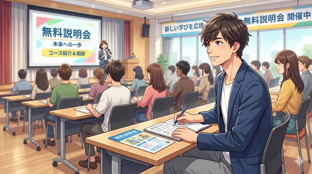 デジハク生成AI無料説明会の内容をメモする男性