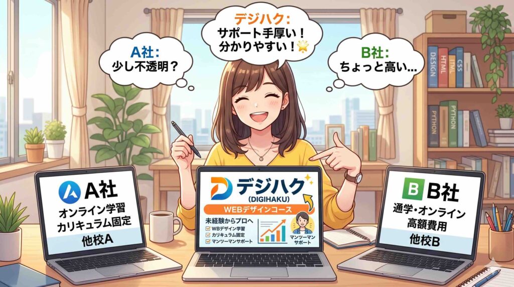 他のAIスクールには延長サポートがあるのか調べる女性