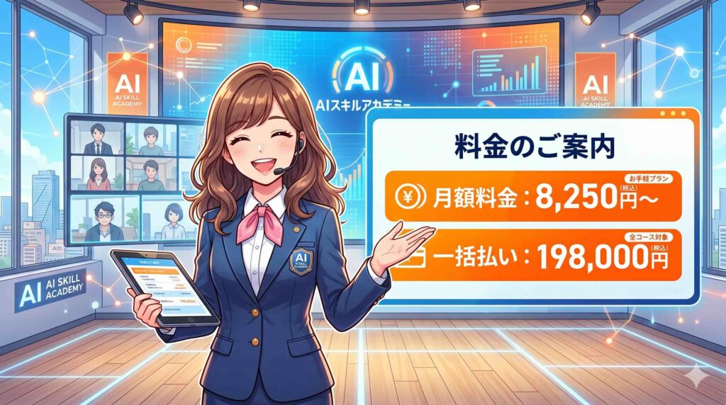 AIスキルアカデミーの料金を紹介する女性