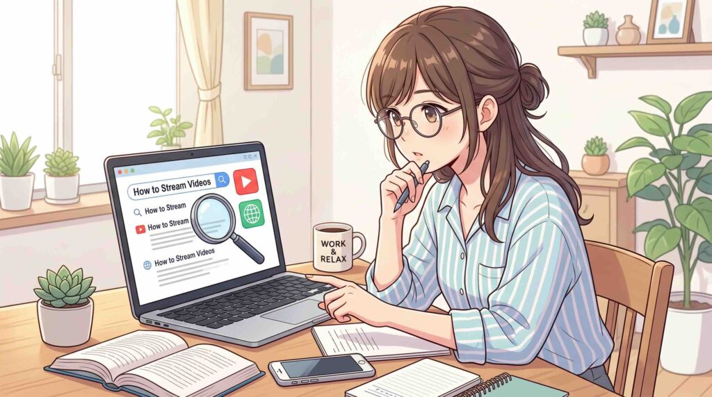 動画を視聴する方法を調べる女性