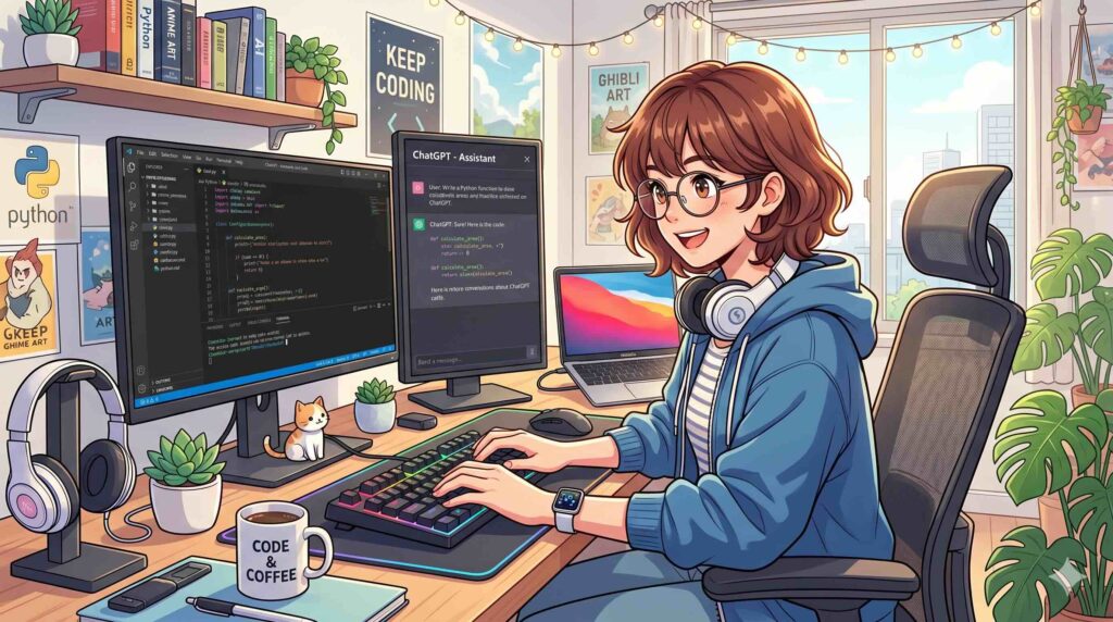 ChatGPTでプログラミングが学べるおすすめコースをする女性