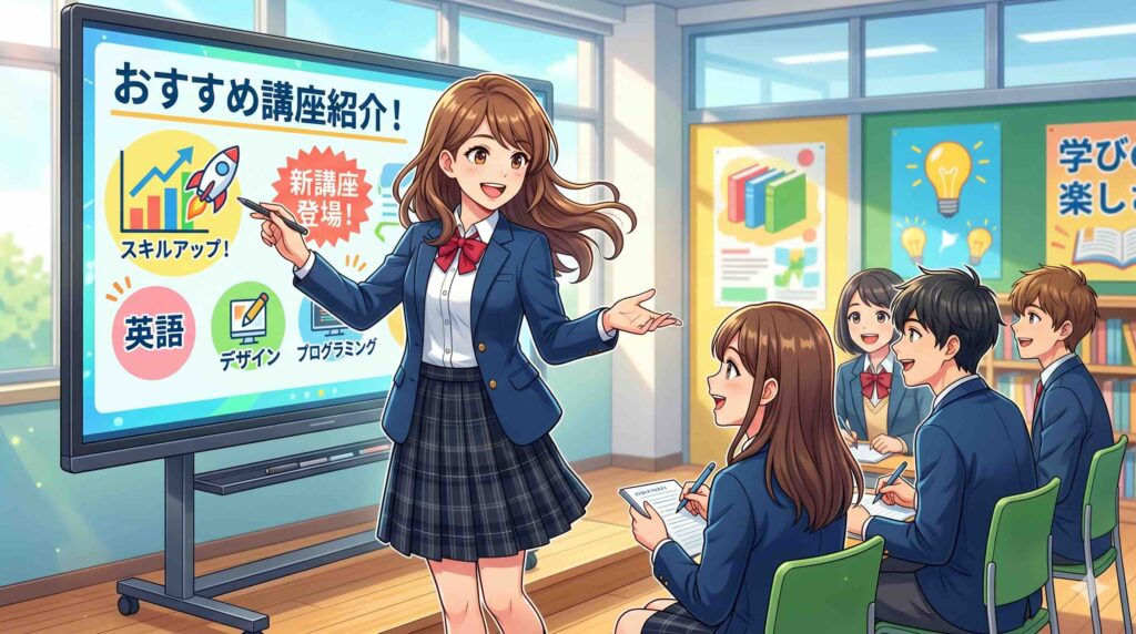 Udemy生成AIパスポート対策講座ベスト3を紹介する女性