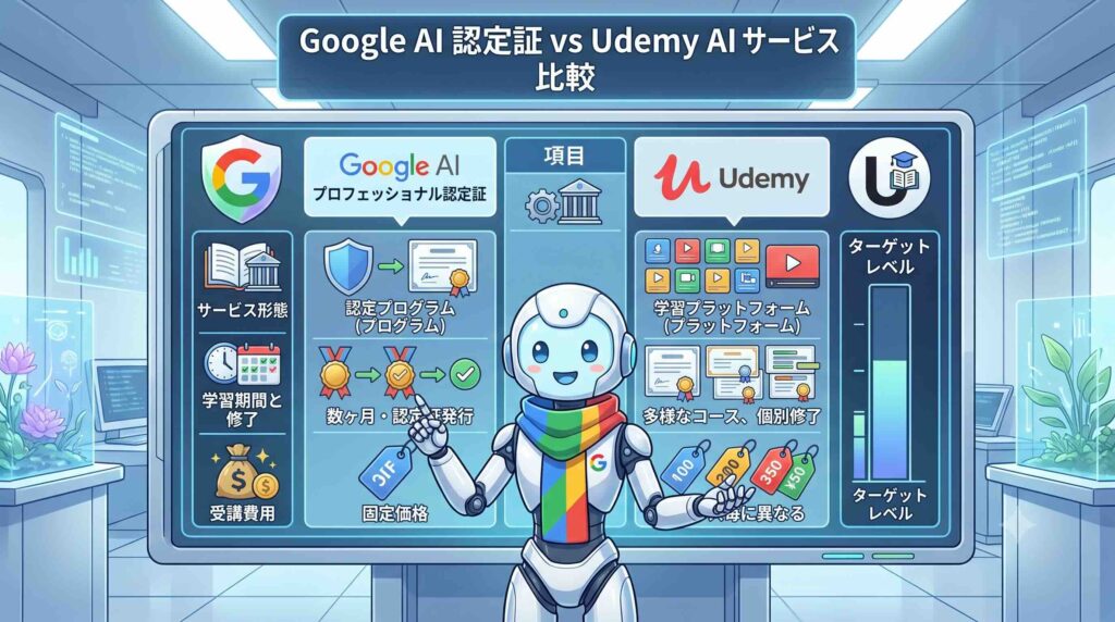 Google AI プロフェッショナル認定証とUdemyのサービスを比較するAI