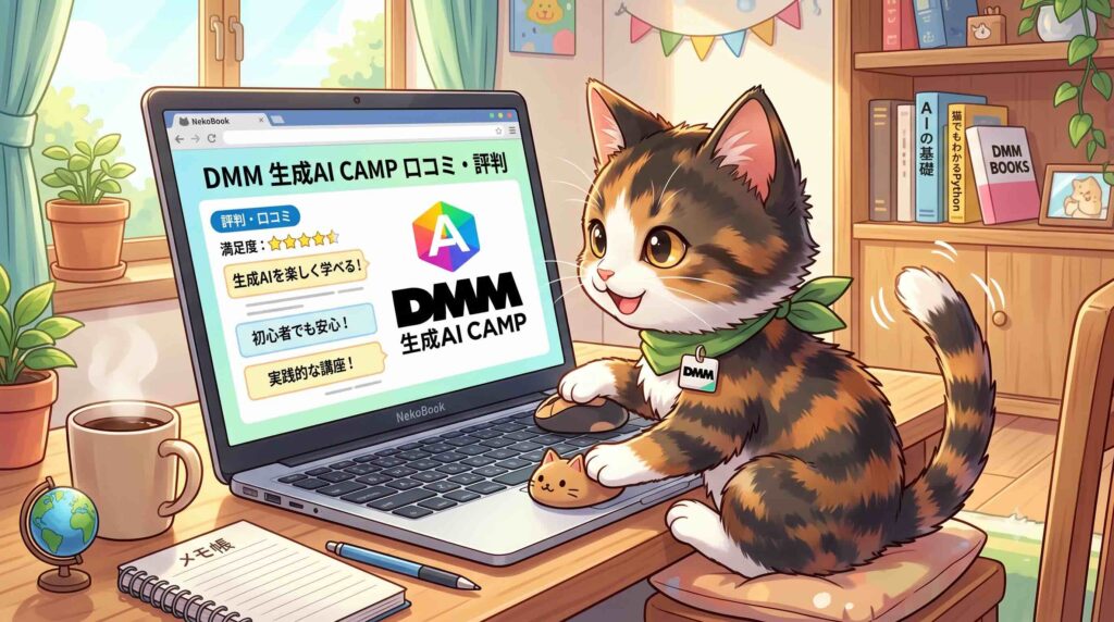 DMM 生成AI CAMPの評判・口コミを調べる子猫