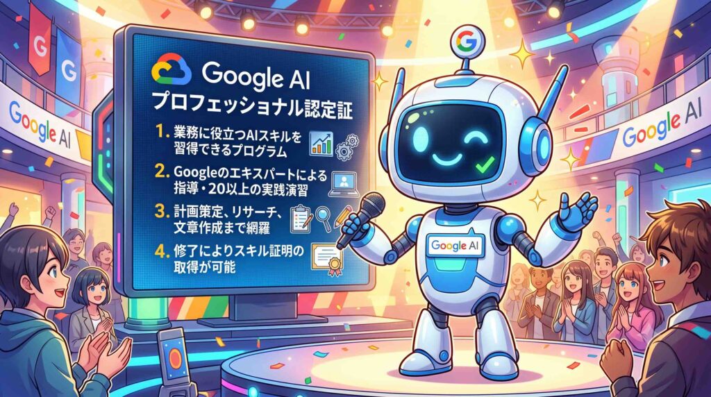 Google AI プロフェッショナル認定証の概要を話すAI
