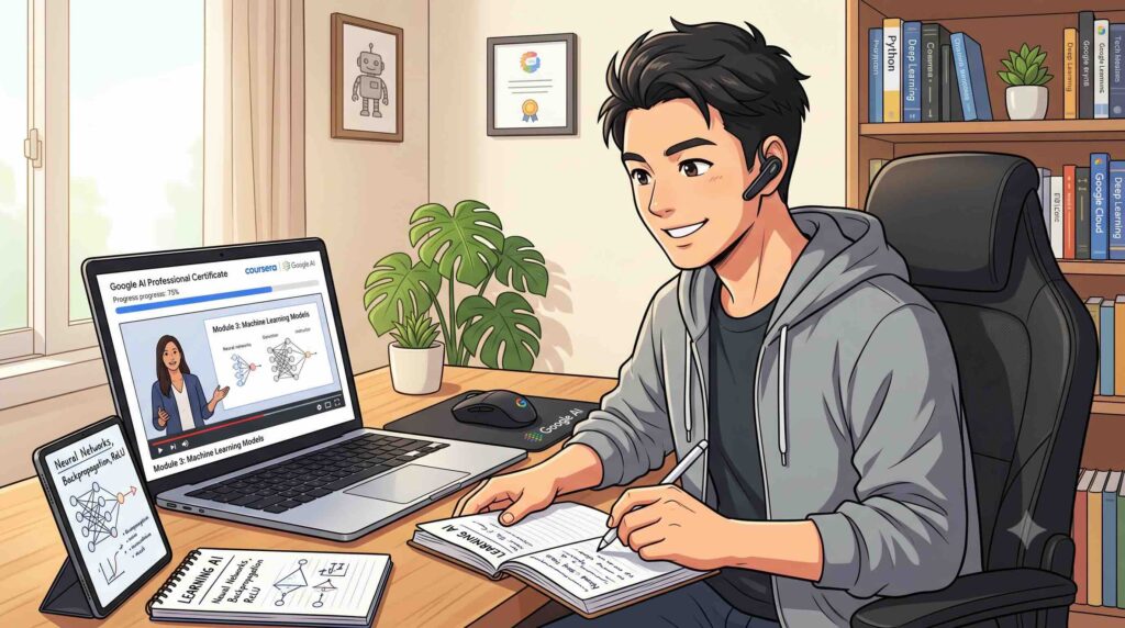 Google AI プロフェッショナル認定証の内容を動画で学ぶ30代の男性