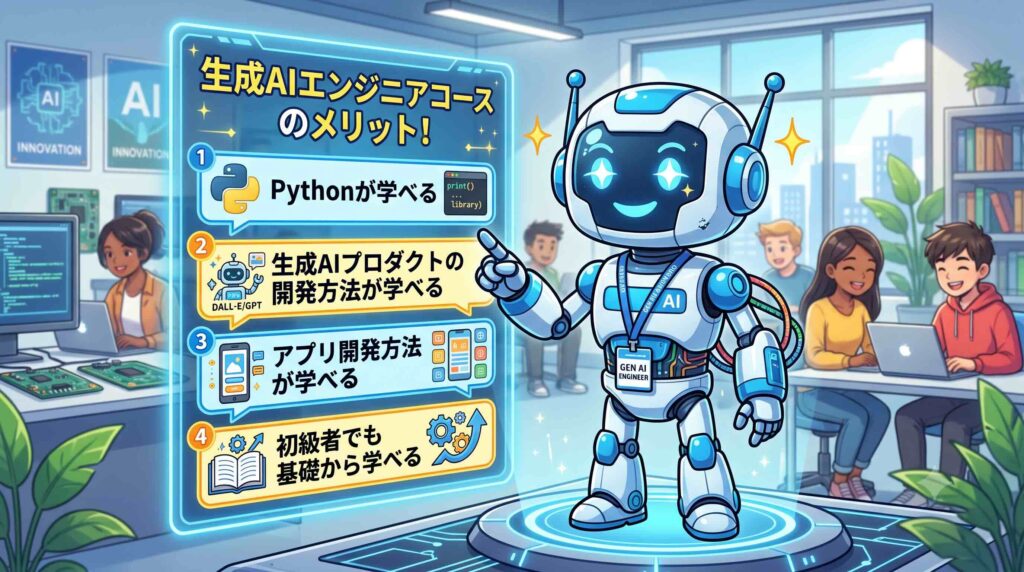 生成AIエンジニアコースのメリットを述べるAIロボット