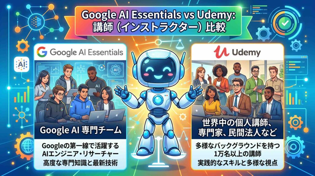 Google AI EssentialsとUdemyの講師を比較するAI