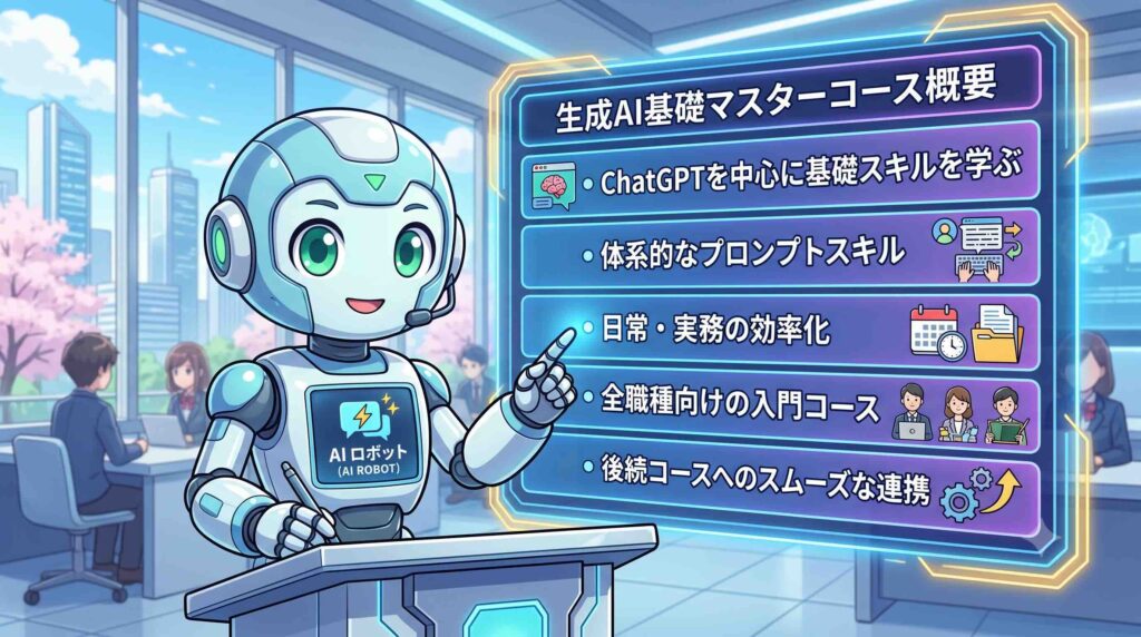 生成AI基礎マスターコース概要を話すAI